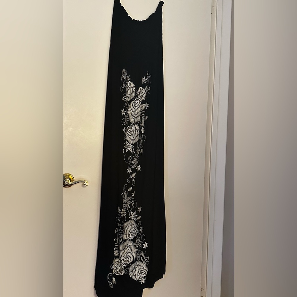 Strapless Black Maxi Dress with White Floral Design